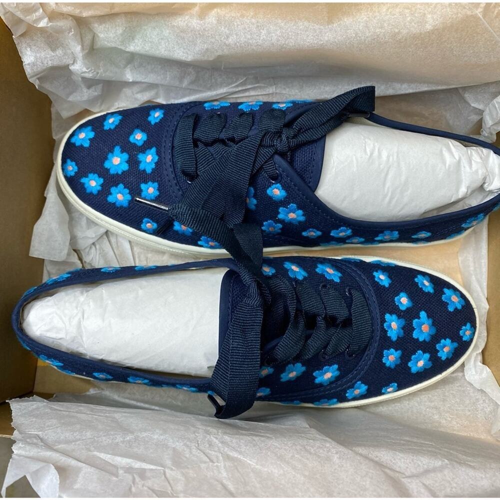 Soludos Low Top Sneakers Floral Embroidery Organic Cotton Navy Blue 7M New - Picture 4 of 15